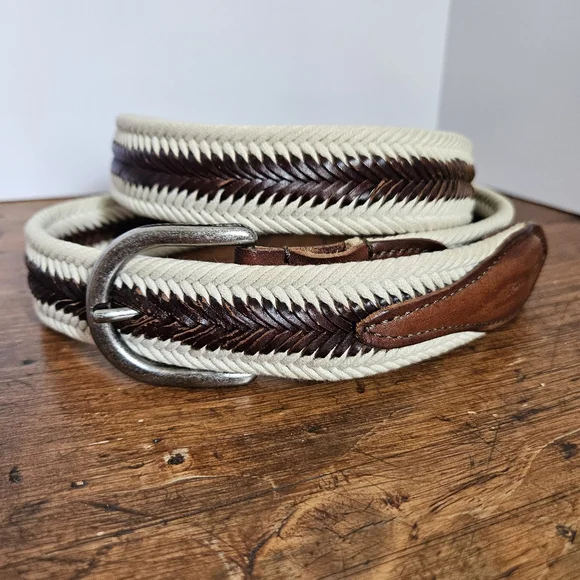 Tommy Bahama Brown Leather and Cream Cord Woven Belt Mens L 38-40 - Picture 3 of 10